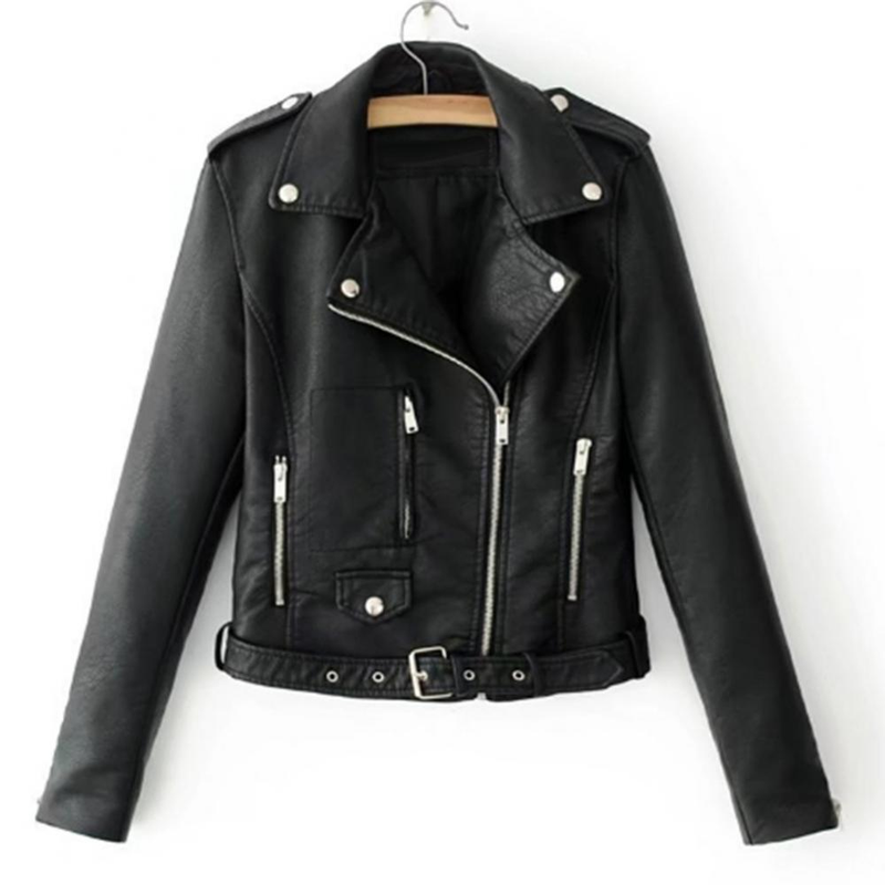 Lady Leather Long Sleeve Lapel Zipper Button Pocket Motorcycle Jacket Short Coat_voghion.com