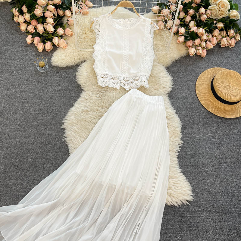 Haut en dentelle pour femmes, taille 1, jupe plissée en mousseline de soie, costume deux pièces_voghion.com