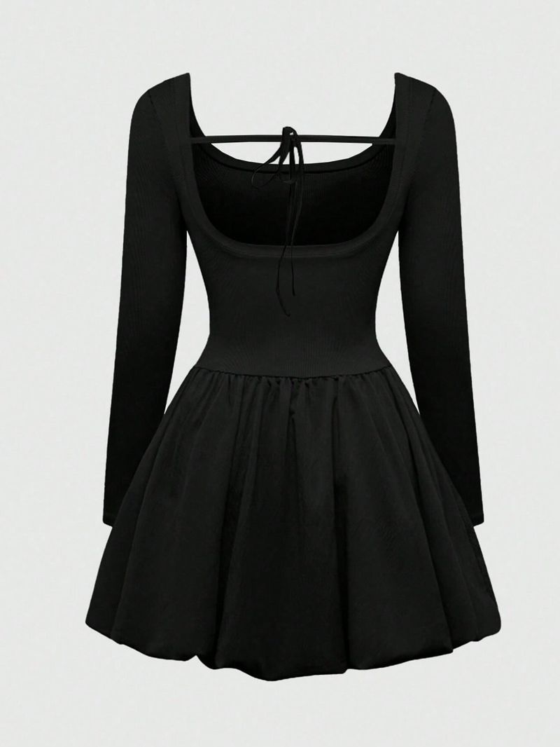 Grouss Gréisst Damen U-Ausschnëtt Sexy Kleed Hierscht a Wanter Héich Taille A-Linn Schnürsenkel Slim Fit Kuerzrock fir Fraen_voghion.com