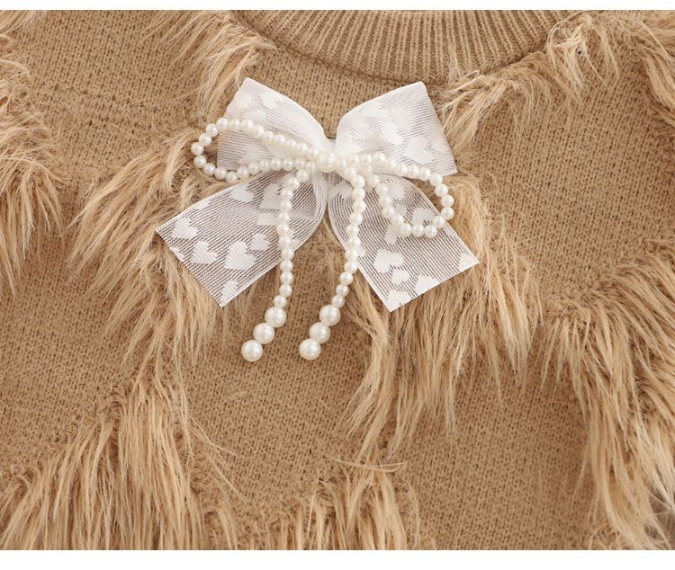 Set aus Boho-Strickpullover und Schlaghose für Mädchen – Koreanischer Stil, 3–8 Jahre (90–130 cm), weiche Polyestermischung, Schleifen- und Blumenakzente, Beige/Pink/Khaki_voghion.com