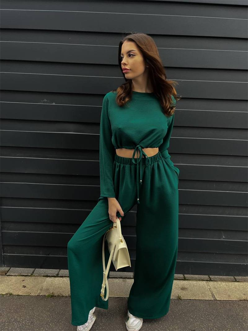 Abbigliamento da donna moda tinta unita pizzo corto a maniche lunghe top pantaloni a gamba larga set da due pezzi_voghion.com