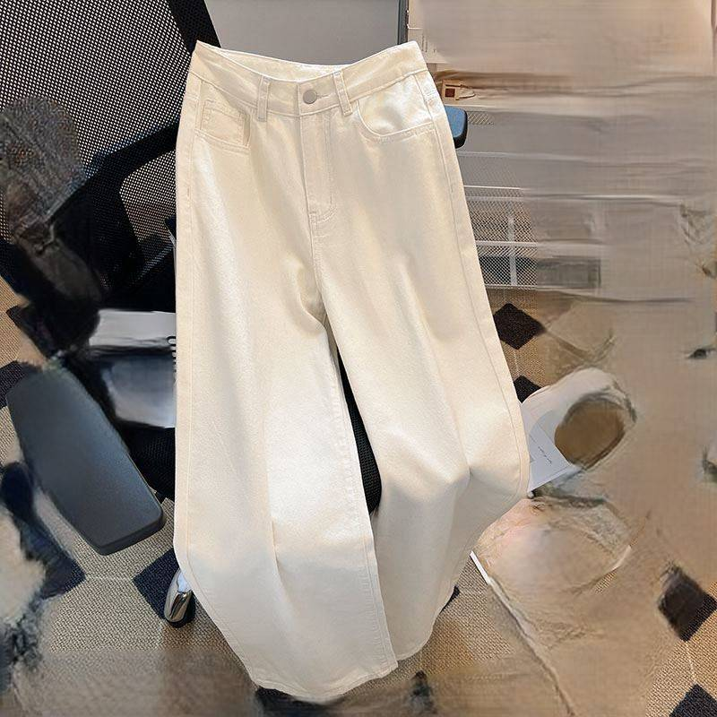 Damenbekleidung Neue weiße, lockere Jeans für Frauen, schlanker und kaschierender, birnenförmiger Körper, alles passend zu weiten, geraden Hosen_voghion.com