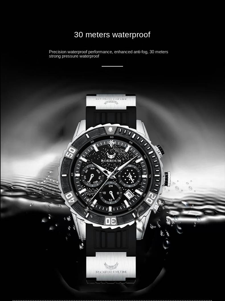 ROERDUM Voyager Series-Orologio subacqueo RA8006 Orologio meccanico a carica funzionale con quadrante nero e cinturino in silicone Orologio da uomo_voghion.com