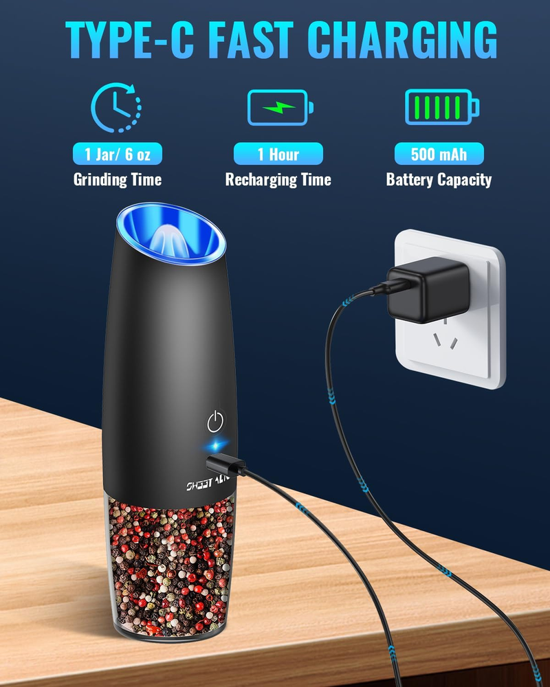 Electric Pepper/Salt Grinder Set, Manual Free, One-Hand Automatic Grinding Pepper/Salt, Battery/Rechargeable, With G-switch And LED Light_voghion.com