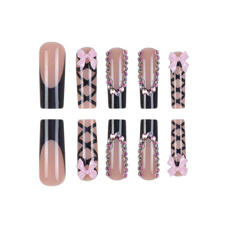 Eleganti unghie finte nere con fiocco e dettagli in perle - Unghie finte riutilizzabili per donna, design a linee incrociate, compatibili con colla/gel, lunghe_voghion.com