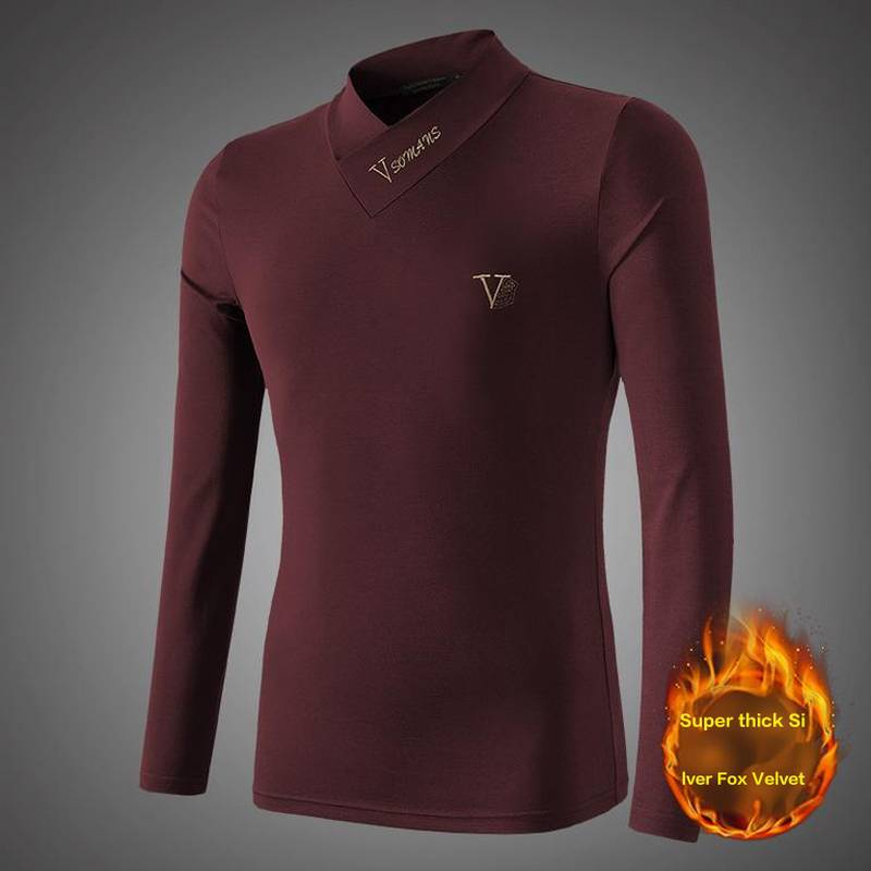 Men's Slim Fit Thermal Long Sleeve T-Shirt With Silver Fox Fleece Lining, V-Neck & Mid-Collar For Winter Warmth_voghion.com