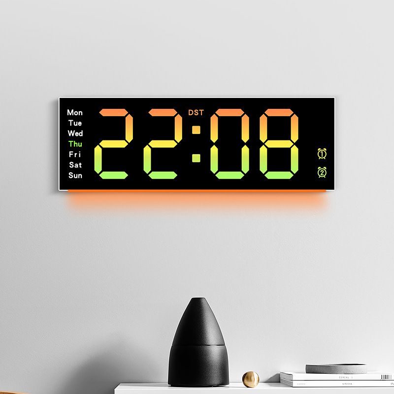 Moderne LED-Wanduhr mit Umgebungslicht, Digitalanzeige, Kalender, Temperatur und Alarm – 6691R (Weiß/Schwarz)_voghion.com