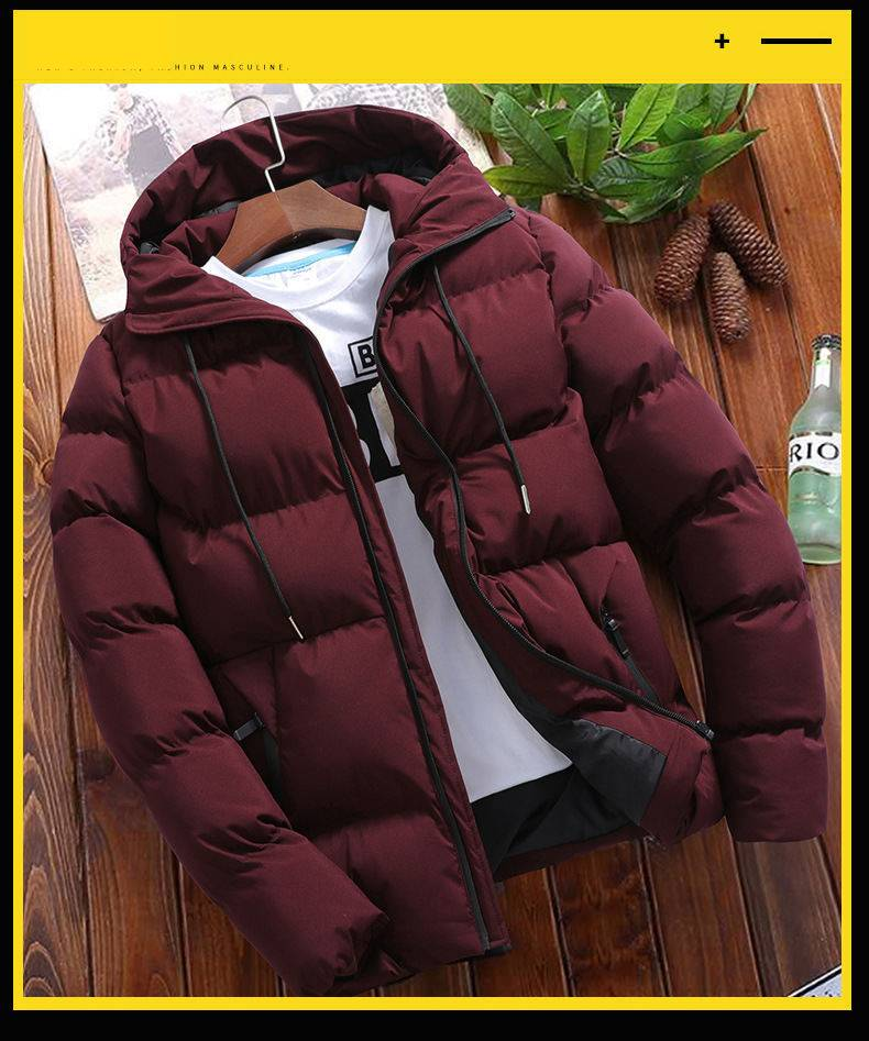 Men's Solid Color Hooded Winter Jacket - Thickened Polyester Coat With Zip Front, Side Pockets, Slim Fit For Casual Streetwear_voghion.com