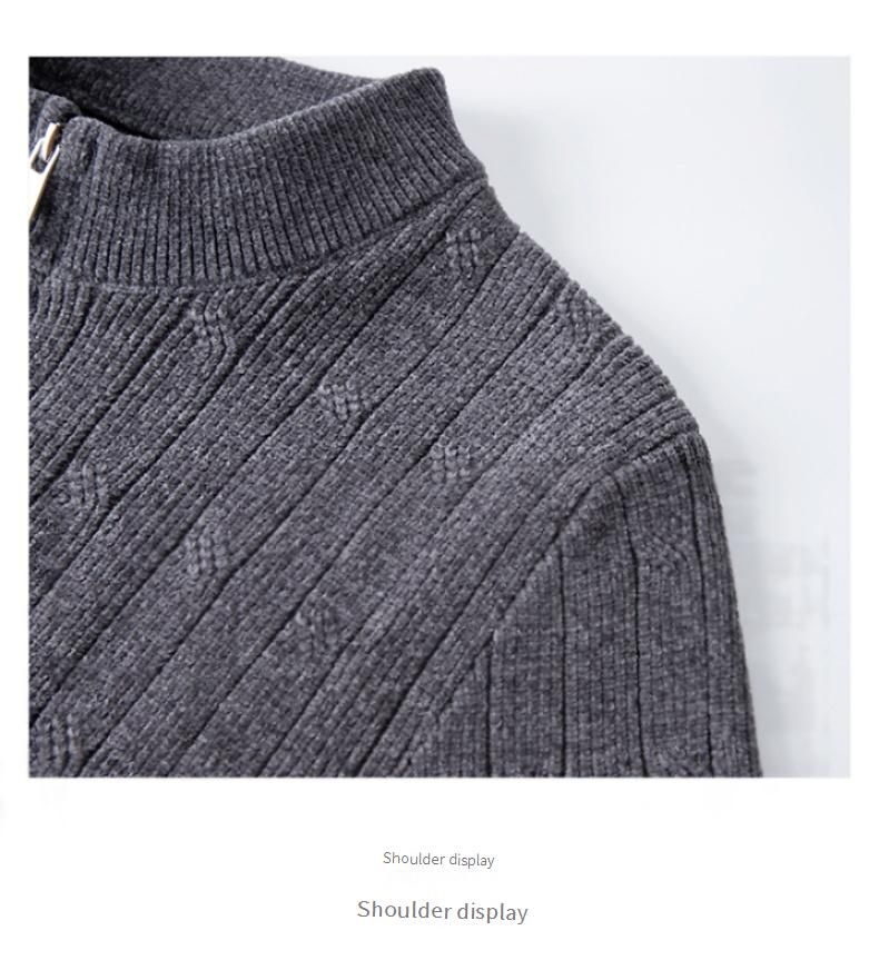 Maglione invernale da uomo in maglia jacquard con cerniera, motivo a blocchi di colore e a righe, strato di base spesso da 320 g, vestibilità ampia e collo alto._voghion.com