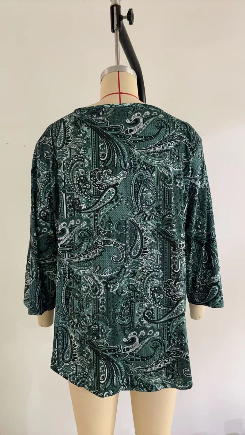 Plus Size Women's Paisley Print Long Sleeve Button-Down Blouse - Loose Fit Casual Tunic Top For Autumn & Winter (Green, Grey)_voghion.com