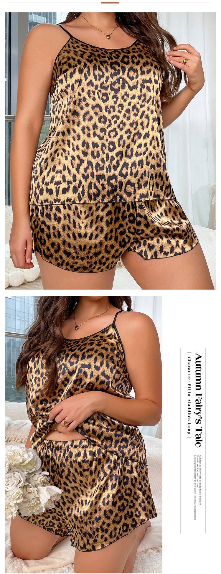 Kadın Pijamaları İlkbahar Ve Yaz Yeni Askılı Şort Takımı Kadın Buz İpek Ev Giysileri Seksi Leopar Desenli Simüle İpek Pijamalar_voghion.com