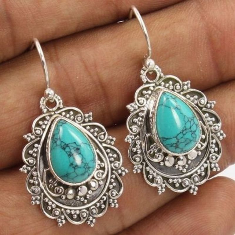New Inlaid Turquoise Water Drop Pear-shaped Thai Silver Earrings_voghion.com