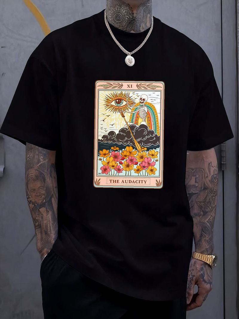 La maglietta con la carta dei tarocchi dello scheletro dell'audacia, l'occhio del sole, l'arte estetica, i vestiti leggermente firmati, l'estate, morbidi, traspiranti, versatili, elasticizzati e comodi._voghion.com