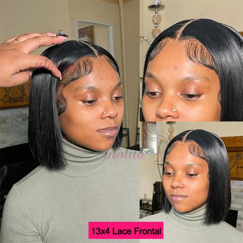 Kort Bob Paryk Brasiliansk Hår Glat Ægte Hår Lace Frontal Parykker Til Kvinder 13x4 HD Lace Parykker Ægte Hår_voghion.com