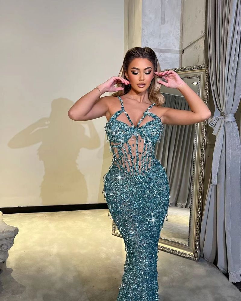 Elegante abito da sera aderente con schiena scoperta e paillettes blu per donna - Splendido spacco e design a vita alta, perfetto per feste, banchetti e occasioni speciali_voghion.com