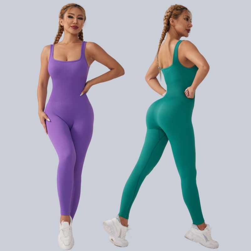 Seamless Knitted Ribbed Solid Color Bodysuit Tight Fitness Yoga Wear Flat Collar Sports One-piece Suit_voghion.com