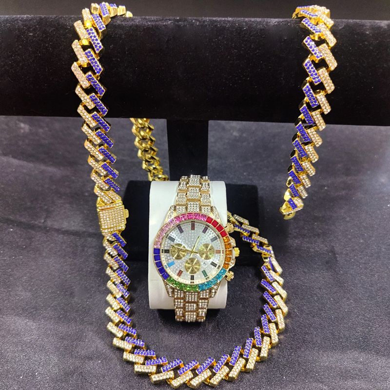 Hip Hop Uhrenset Diamantuhr Armband Halskette Geschenkset Kubanische Kette_voghion.com