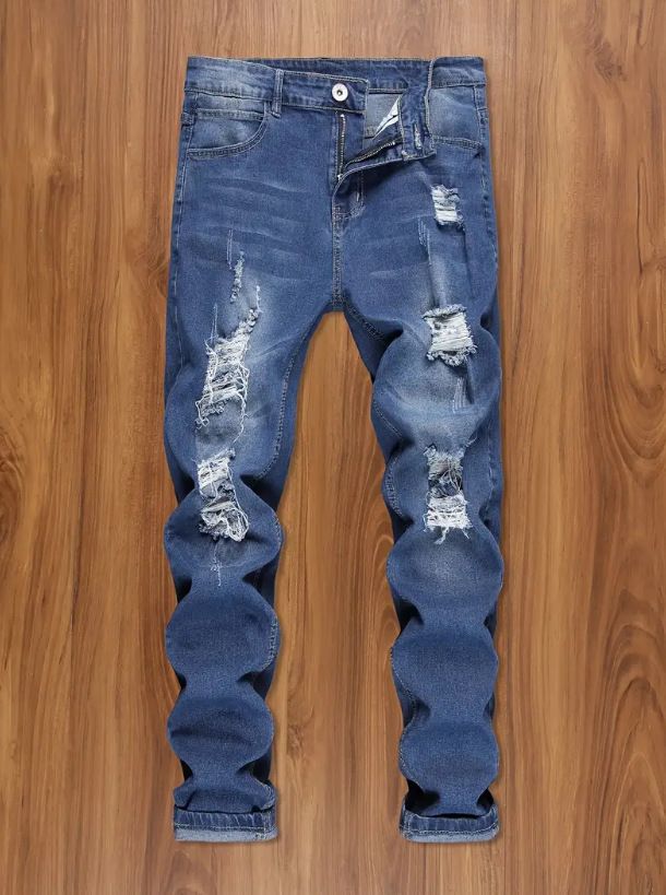 Men's Clothing Casual Youth Trousers Non Elastic Mid Waist Slim Fit Ripped Skinny Jeans_voghion.com