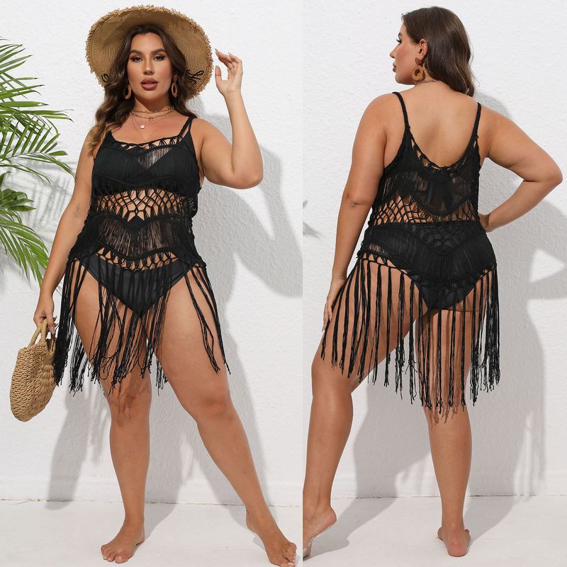 Damenbekleidung großes Strandkleid mit reinem Handhaken und hohler Quaste_voghion.com