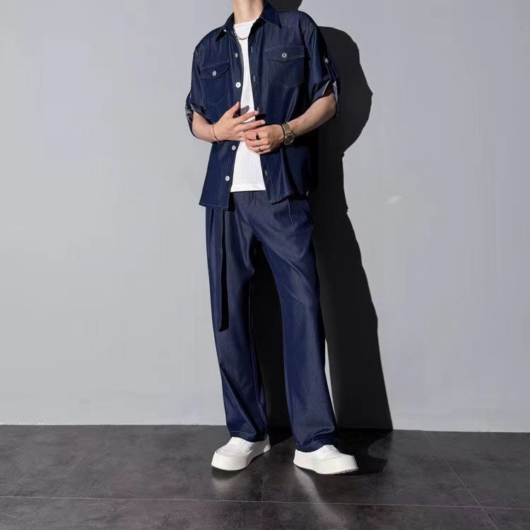 Men's Clothing Denim Shirt Suit Men's Five Point Sleeves Fashionable And Casual Loose Trendy Two Piece Suit_voghion.com