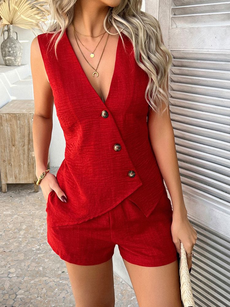 2025 Frühling Sommer Casual Solid Color Urlaub Stil Button Cardigan Weste Shorts Set Damenbekleidung_voghion.com