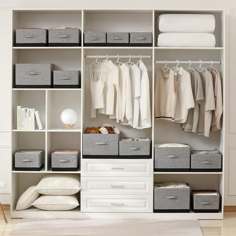 Fabric Storage Bins With Lids - Set Of 3 Decorative Closet Organizers For Clothes Foldable Shelf Baskets Beige_voghion.com