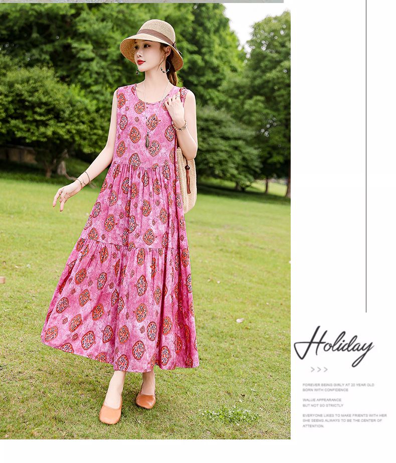 Französischer Stil High-End für Frauen Sommer 2025 Neue lose Plus Size Extra lange Baumwolle Blumenweste Kleid Falten Outfit_voghion.com