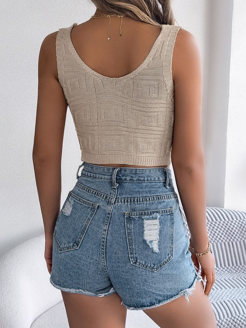 2024 Spring Summer Solid Color Knotted Cropped Knit Top Vacation Blouse Women's Fashion_voghion.com