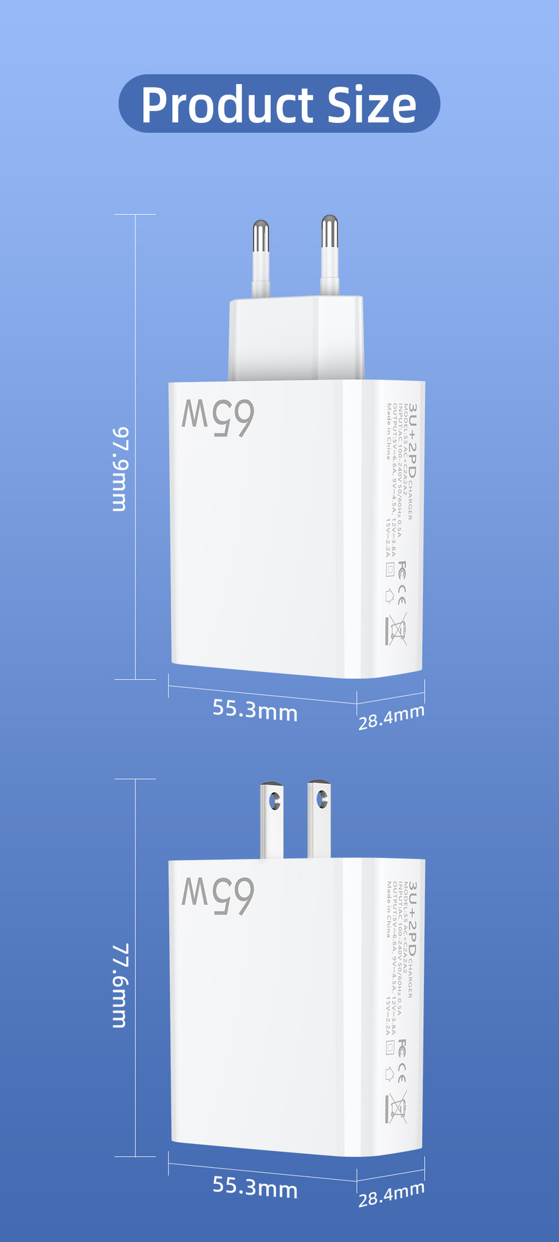 European multi mobile phone charger with dual circuit fast charging head 3USB+2C port, American standard five port_voghion.com