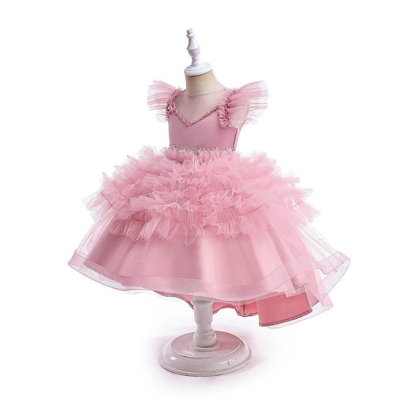 Nuovo vestito da principessa per ragazze di piccole e medie dimensioni per bambini con piccole maniche volanti in rete con gonna tutu a coda di rondine, abito da festa di compleanno_voghion.com