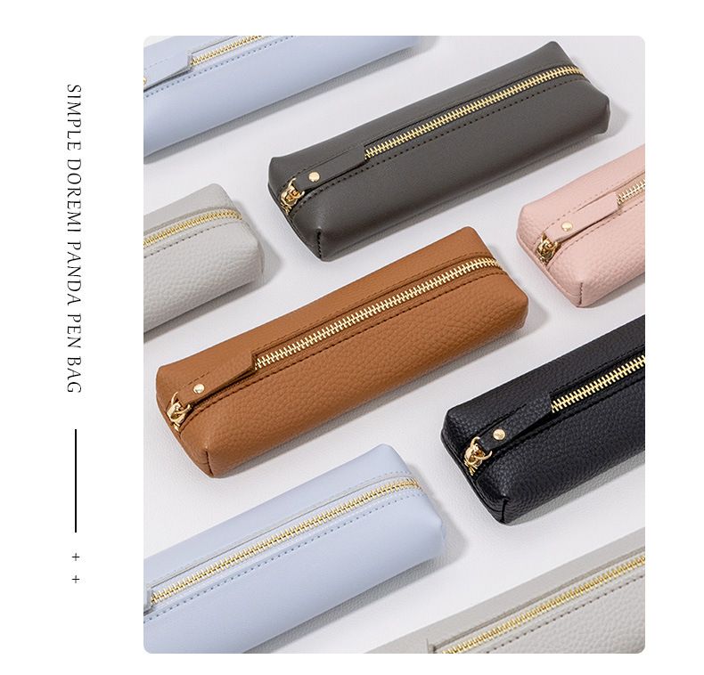 Estojo de couro simples para lápis, bolsa para armazenamento de canetas de escritório, caneta de assinatura, bolsa portátil com zíper à prova de vazamentos para artigos de papelaria_voghion.com
