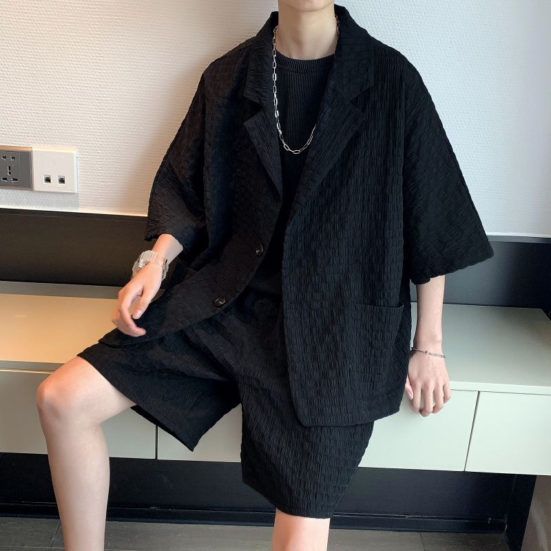 Costume CT à texture gaufrée pour homme, tenue d'été cool, blazer, veste, short ample tendance, ensemble deux pièces_voghion.com