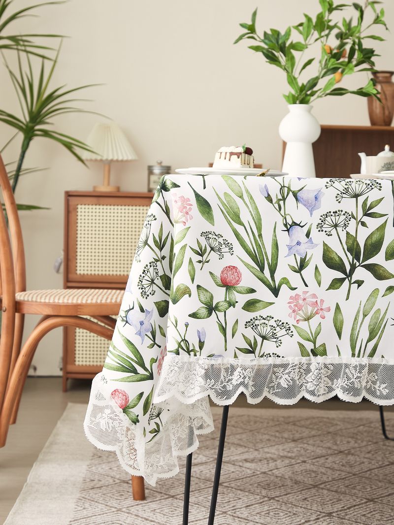 Vintage Abstract Floral Tablecloth – Polyester Lace-Trimmed Rectangular Table Cover For Dining & Coffee Tables (Non-Slip, Washable, Country Style)_voghion.com
