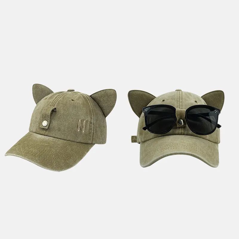 Nuovo simpatico cappello da pilota con orecchie di gatto con occhiali Berretto da baseball lavato con acqua Visiera parasole esterna regolabile Cappelli da sole Regalo unisex_voghion.com