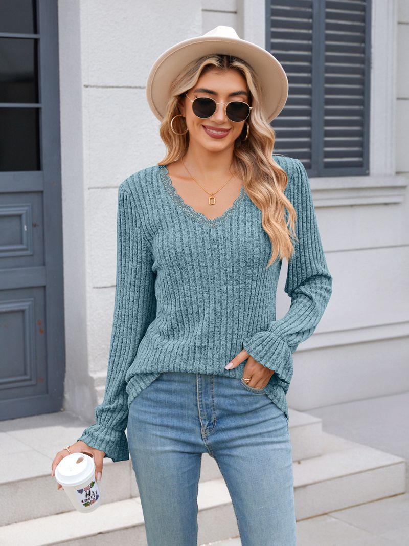 Top casual da donna con scollo a V e maniche a balza - Camicia a maniche lunghe in morbido misto cotone spazzolato a righe per l'uso quotidiano_voghion.com