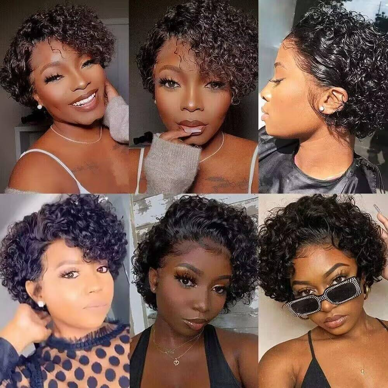 Braziliaanse Krullend Korte Pruiken Korte Pixie Cut Krullend Pruiken Voor Vrouwen 13*4*1 Kort Krullend Menselijk Haar pruiken 180% Dichtheid_voghion.com