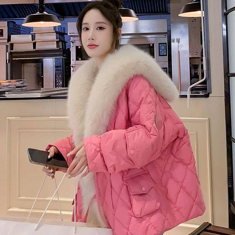 Damenbekleidung Fuchspelz Marine Kragen Daunen Baumwolljacke Pelz Baumwolljacke_voghion.com