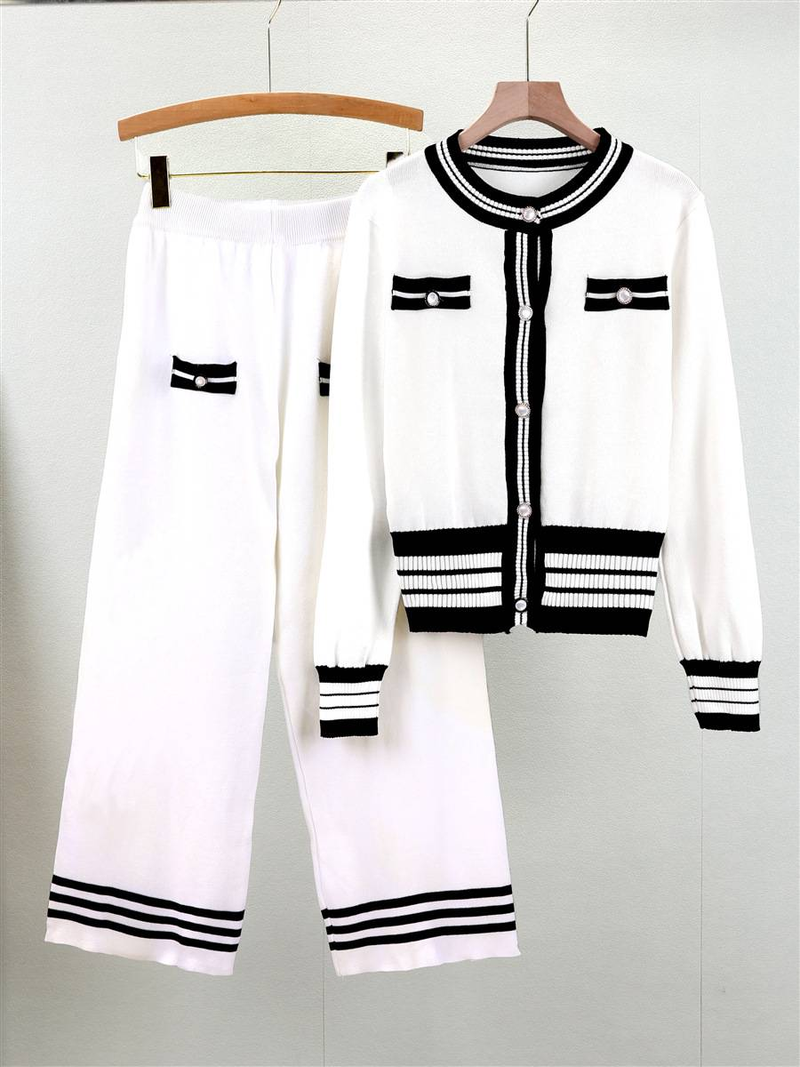 Abbigliamento da donna Moda piccolo stile profumato colore contrastante maglione girocollo a maniche lunghe top set due pezzi pantaloni dritti a vita alta gamba larga_voghion.com