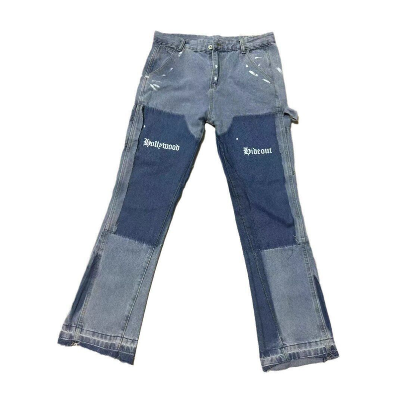 Herrkläder High Street Tvättad Distressed Sticking Logga Jeans Herr Retro Mode Trend Bläck Stänkt tryck Byxor med vida ben_voghion.com