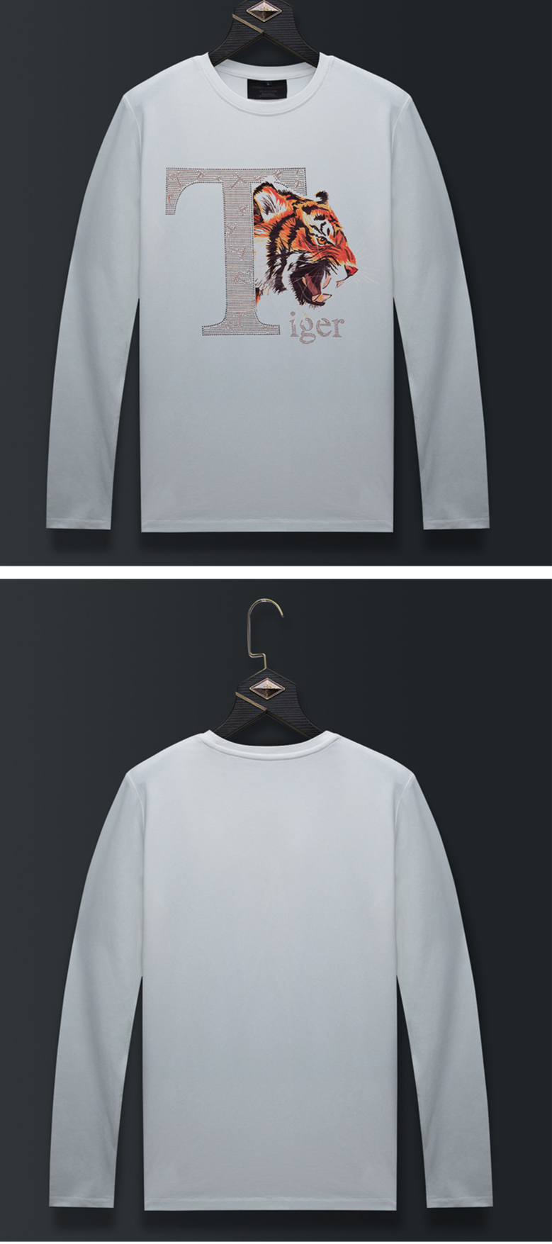 Herrenbekleidung Herren Langarm T-Shirt Herren Hot Diamond Laser Tigerkopf Rundhals Herbst Neue Slim Fit Große Größe Gutaussehend_voghion.com