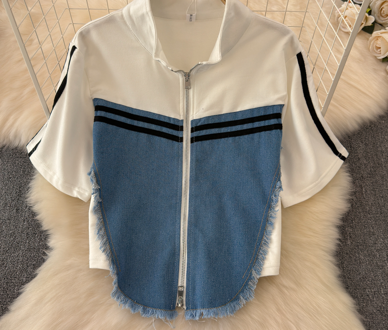 Projekt odzieży damskiej Koszulka z krótkim rękawem Patchwork Denim Top Wysoki stan Swobodne proste spodnie Dwuczęściowy garnitur_voghion.com