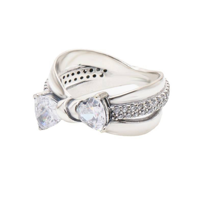 Anel feminino com laço em formato de coração e design de fita brilhante, elegante faixa cruzada para uso diário ou ocasiões especiais_voghion.com