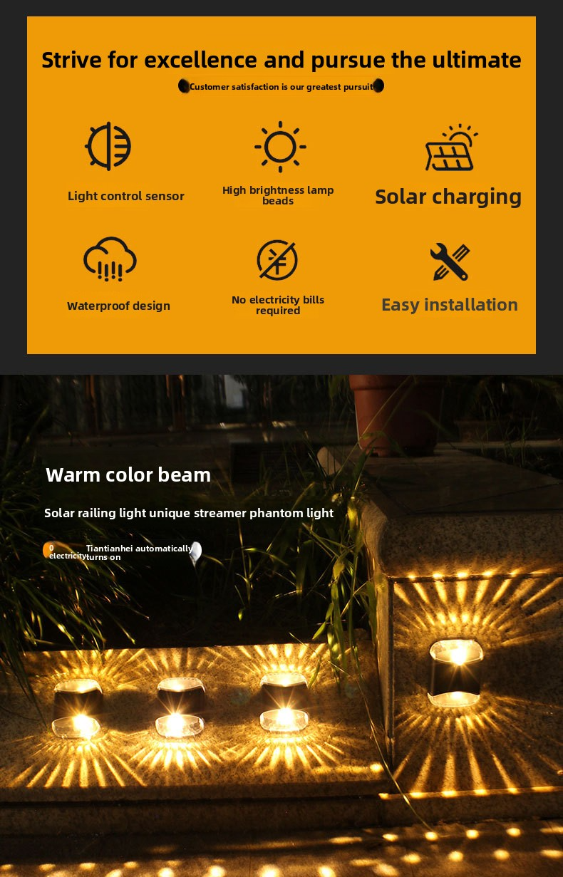 Luminária de parede com 4 LEDs movida a energia solar, decoração à prova d'água para jardim externo, efeito de brilho duplo, 3000K branco quente + mudança de cor, brilho ajustável_voghion.com
