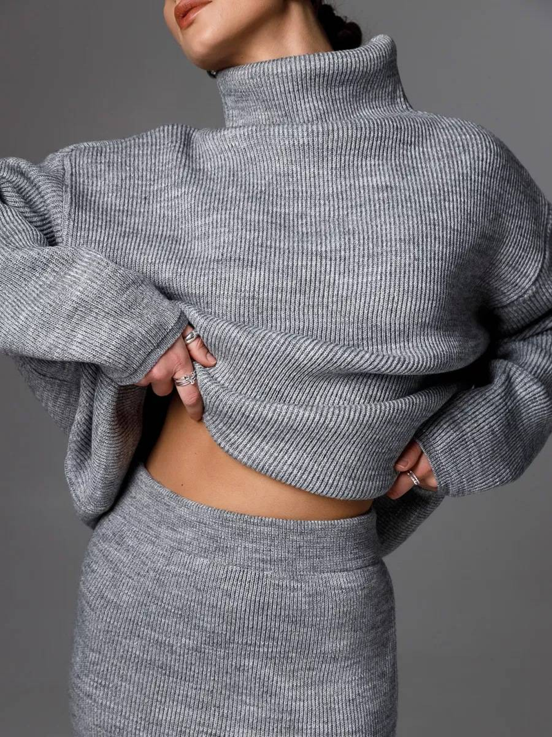 Knitted High-neck Sweater & Slim-fit Skirt Set – Elegant Two-piece Outfit In Beige, Olive Green, White, Green, Yellow, Light Gray, Emerald, Black_voghion.com