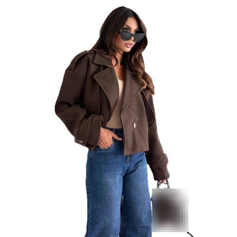 Eleganter kurzer Wollmantel für Damen – Slim Fit Langarm-Blazerjacke für Herbst und Winter in Unifarben (Khaki, Burgunderrot, Dunkelbraun)_voghion.com