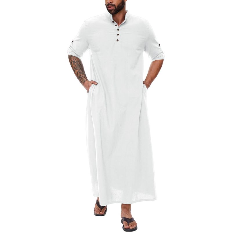 Túnica musulmana de estilo árabe, sencilla, de algodón y lino, larga, con cuello alto y botones para hombre._voghion.com