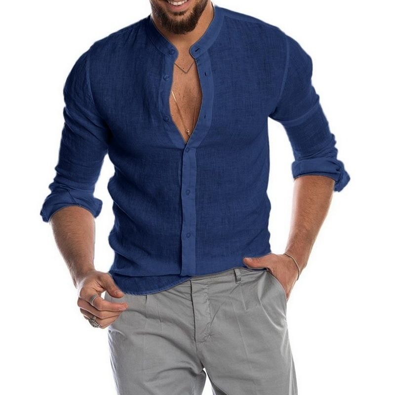 Spring New Men's European and American Solid Color Standing Collar Cardigan Casual Long Sleeved Shirt Men's Style_voghion.com