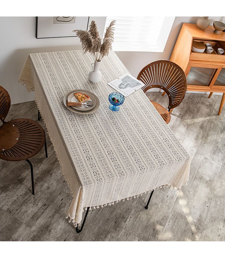 Holle witte kanten tafelkleed, katoenen en linnen stoffen decoratie achtergrond tafelkleed salontafel kwastje hoes handdoek_voghion.com
