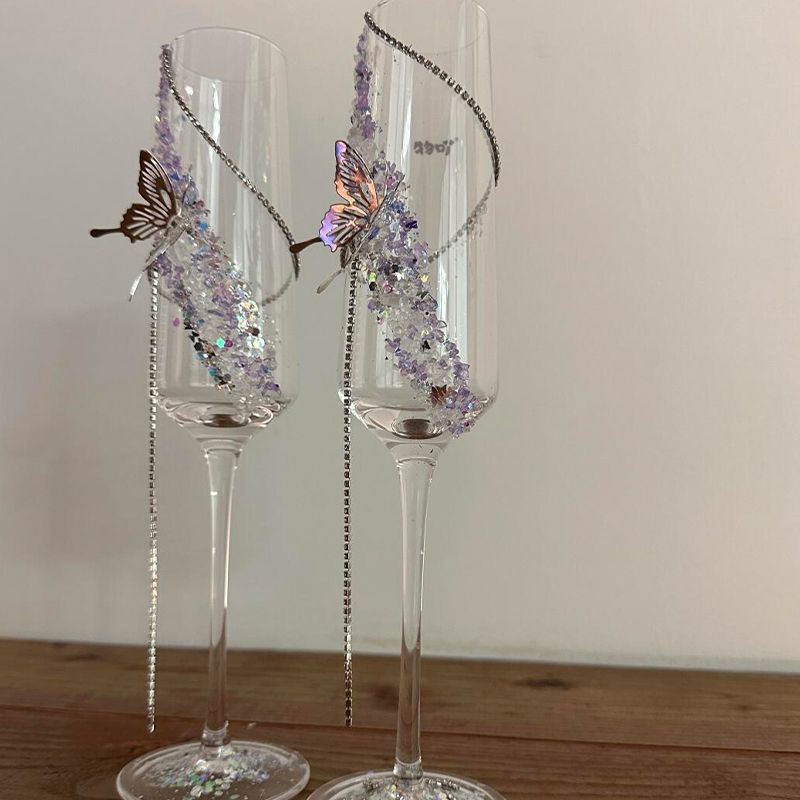 Pair Champagne Handmade Material Kit Engagement Wedding Toast Glasses Gift_voghion.com