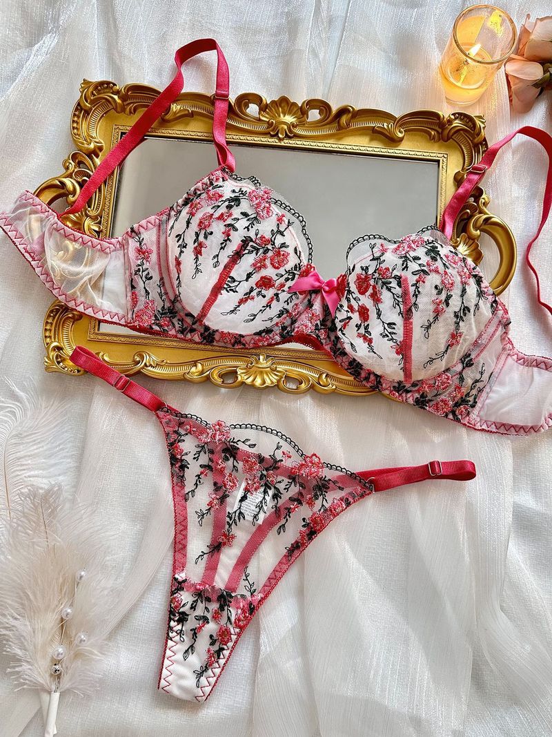 Women's Intimates New High End Temperament Style Floral Embroidery Transparent Mesh Temptation Sexy Underwear Set_voghion.com